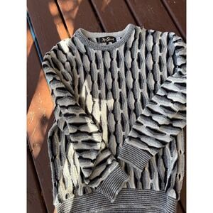 Vintage Alan Stuart 3D Knit Sweater Mens Med Grey Black White Retro 80s USA Made